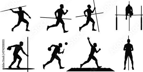 Silhouette of male athletes performing track and field sports, javelin throw, pole vault, running, long jump, professional athletic competition illustration
