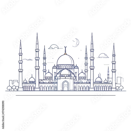 Line Art Illustration of the Blue Mosque in Istanbul with Minarets and Dome