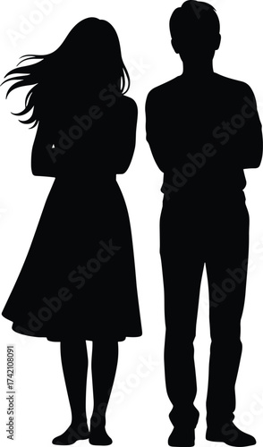 Silhouette of man and woman standing apart, relationship conflict, breakup concept, disagreement, couple communication issues, separation, emotional distance illustration