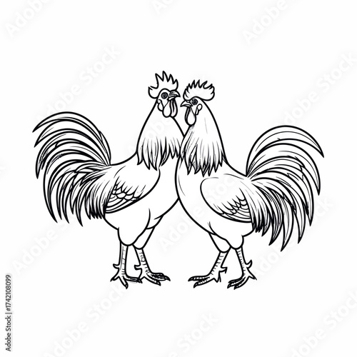 A hand-drawn vector illustration of two roosters facing each other. This isolated black and white line art drawing is a classic farm animal design element
