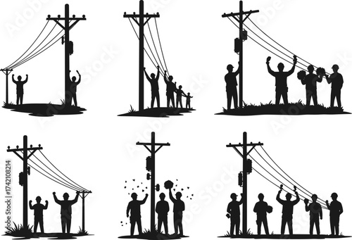 Silhouette of people protesting electricity issues, standing under utility poles, demanding power supply, energy crisis, cable repair, blackout, community demonstration