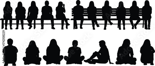 Silhouette of people sitting on bench and ground, diverse group, relaxation, social interaction, outdoor lifestyle, community, togetherness illustration