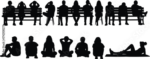 Silhouette of people sitting on bench and ground, diverse group, relaxing, waiting, social interaction, lifestyle, community, outdoor gathering illustration