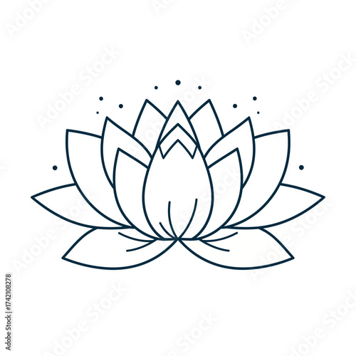A beautiful and delicate line drawing of a lotus flower with intricate petal details and small dots representing stardust