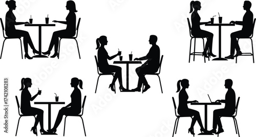 Silhouette of people sitting at café table, drinking coffee, talking, working on laptop, communication and social interaction concept illustration