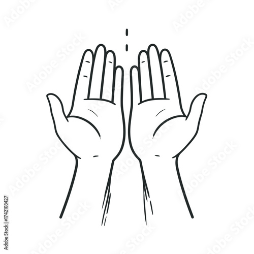 Outline drawing of hands praying in a gesture of supplication. A simple isolated vector icon representing faith, worship, and blessing
