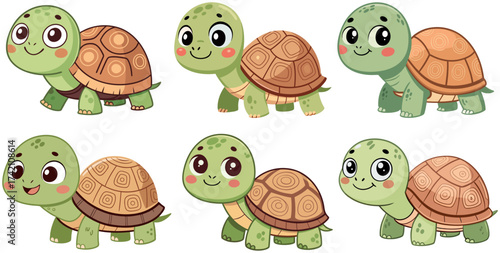 Set of funny cartoon turtles with smiling faces and decorative shells in hand drawn colorful design