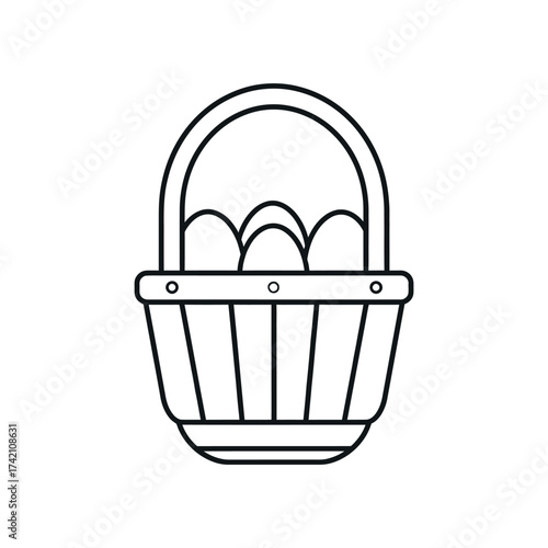 Simple line art illustration of a traditional wicker basket filled with three whole eggs, depicting a timeless symbol of spring, farm produce, and holiday celebrations with a minimalist aesthetic