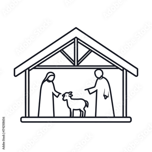 Nativity Scene Minimalist Illustration Depicting Mary, Joseph, and the Baby Lamb in a Stable