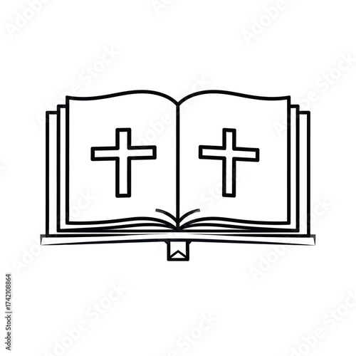 Open book with a cross on each page, representing faith and religious beliefs, with a bookmark visible