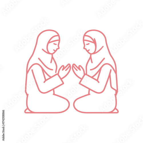 Islamic Prayer Two Muslim Women Praying Together in Pink Line Art