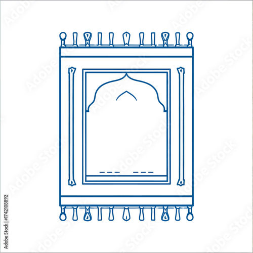 Blue outline vector icon of an Islamic prayer rug or sajadah. Minimalist illustration representing Muslim faith, salat, and Ramadan