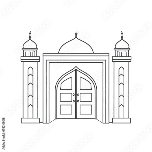 A minimalist line drawing of a mosque entrance with twin minarets and a central dome, symbolizing Islamic architecture and spiritual devotion
