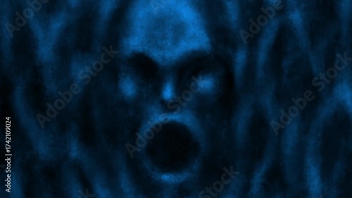 Gloomy ancient skull mask with glowing eyes. Scary 2D animation. Evil ghost in smoke. Horror fantasy genre. Dark spirit cave. Animated video clip. Creepy short film for spooky Halloween and Vj loops.