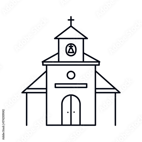 Minimalist church building icon in a thin line art style. Vector illustration of a religious chapel with a cross, isolated on a white background for design