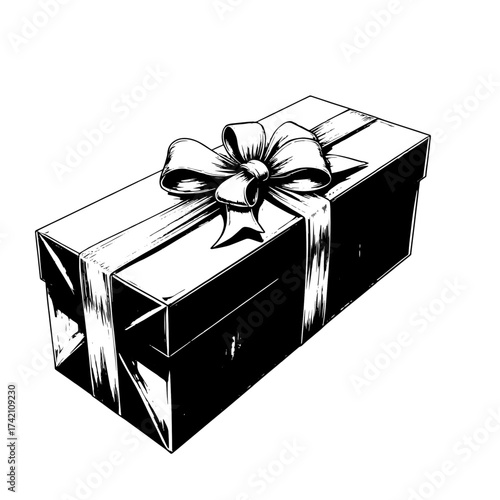 Gift box with a bow, black and white sketch. Vector illustration. Festive packaging, insulated on a white background. Birthday, Christmas, New Year and holidays theme