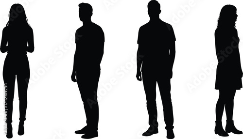 Silhouette people group, young man, woman standing, side profile, front view, vector illustration, human outline design, black artwork, fashion style