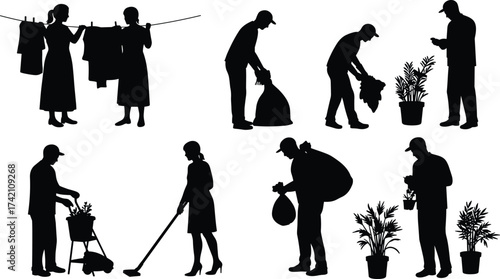 Silhouette people performing household chores, cleaning, gardening, washing clothes, taking out trash, teamwork in daily life, home maintenance, lifestyle illustration