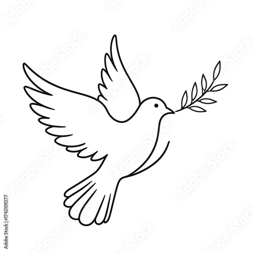 A simple line drawing of a white dove carrying a branch, symbolizing peace and hope