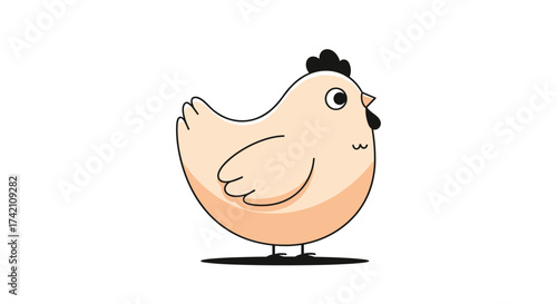A cute cartoon chicken stands on a white background. A playful illustration of a feathered bird.