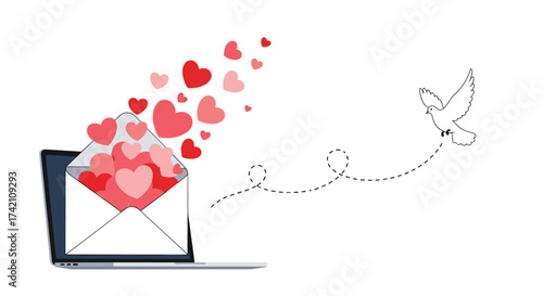 A digital love letter with hearts flying out from an envelope to a dove.