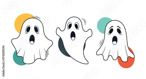 Three cartoon ghosts with surprised expressions floating in front of colorful circles.