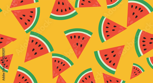 A delightful and refreshing pattern of sliced watermelons on a vibrant yellow background.