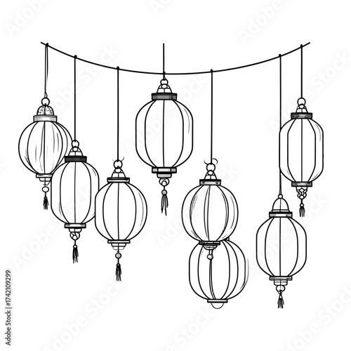 Elegant line art illustration of various Chinese lanterns suspended on a string, isolated on a white background