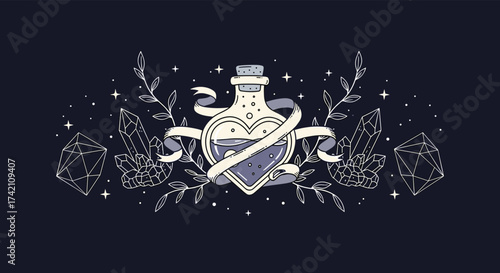 A magical heart shaped potion bottle surrounded by mystical foliage and starry dust.