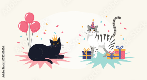 Two festive cats celebrating a special occasion with balloons and presents.