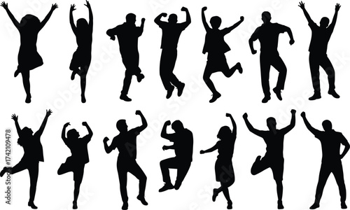 Silhouettes of happy people dancing, celebrating, jumping in joy, group of friends having fun, energetic movement, black vector art, party scene, freedom, happiness, excitement, active lifestyle