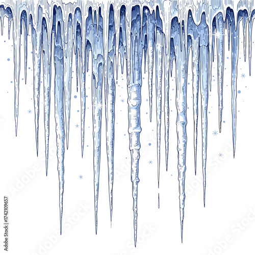 Long blue icicles hanging in winter illustration with snowflakes