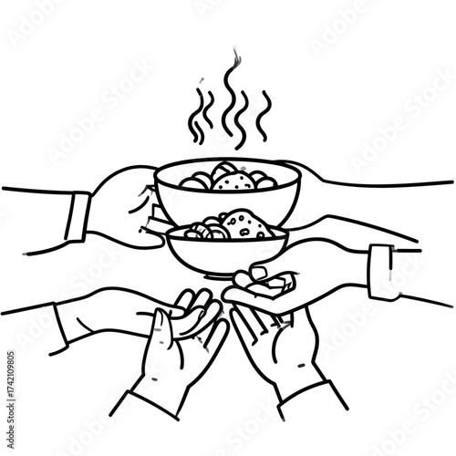 Line art depicting multiple hands offering and receiving steaming bowls of food, symbolizing community support, charity, and shared sustenance for those in need