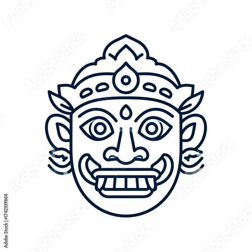 Vector line icon of a traditional Asian demon mask. Stylized illustration of a mythological guardian deity from ancient folklore