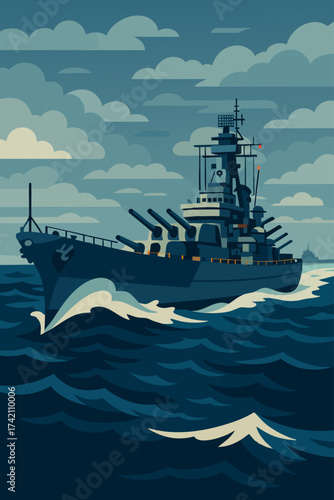 WWII Battleship Sailing on Rough Sea Illustration