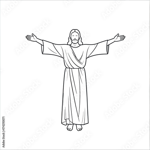 Iconic representation of Jesus Christ with open arms in a simple line art style, symbolizing divine love and welcome