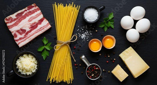 Fresh spaghetti pasta with raw red tomato and basil ingredients for a healthy Italian meal