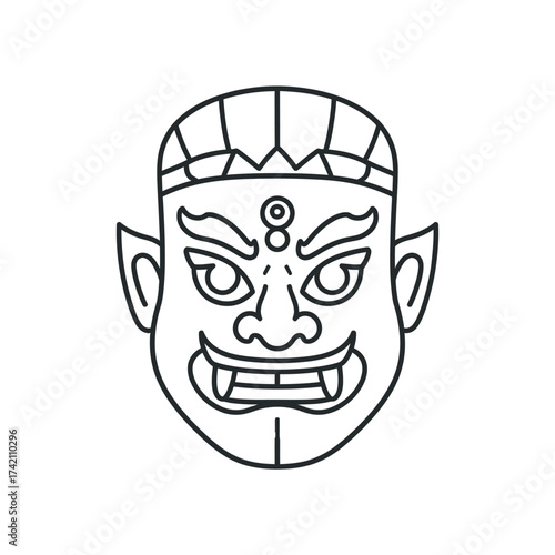 Line Art Illustration of a Traditional Asian Mask - Symbolic Depiction of Culture