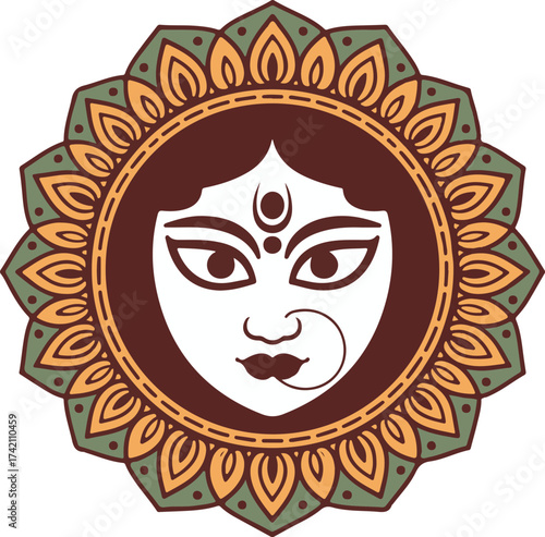 Durga Face Icon Symbol Hindu Goddess Religious Art Divine Feminine Illustration Vector