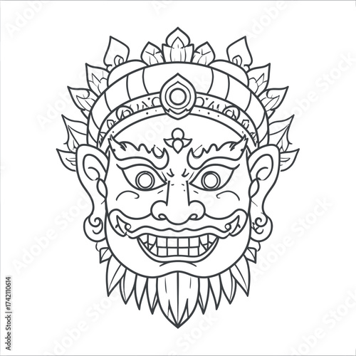 Vector Illustration of a Fierce Deity Face with Elaborate Headwear and a Grimacing Expression, Ideal for Cultural and Mythological Themes