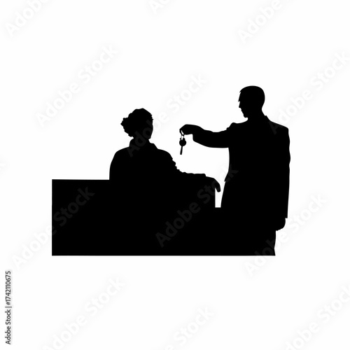 Silhouette of a hotel receptionist handing over room keys isolated on white background