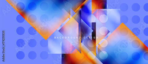 Abstract geometric design. Blue, orange hues blend. Circles, squares create dynamic composition. Modern background texture.
