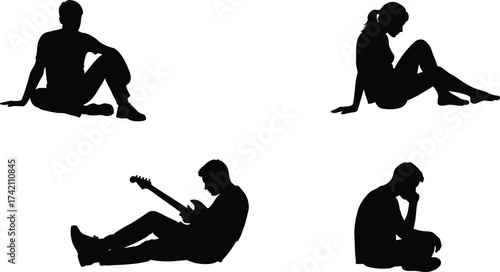Silhouettes of people sitting, man, woman, musician with guitar, thoughtful pose, relaxing positions, black outline vector illustration, human figures, artwork
