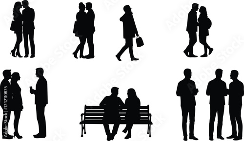 Silhouettes of people talking, walking, and sitting, couple and friends communication, social interaction vector illustration, black human shapes design