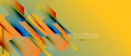 Abstract geometric shapes overlap, creating vibrant gradients. Yellow background complements orange, blue hues. Modern design element.