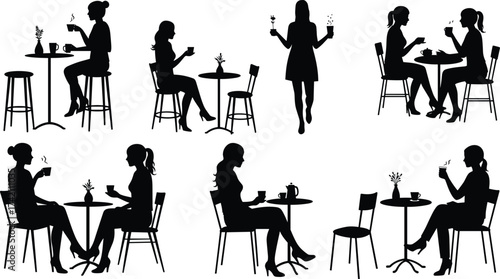 Silhouettes of women sitting in coffee shop, drinking tea, chatting, relaxing, modern lifestyle, friendship, casual meeting, social interaction, leisure time