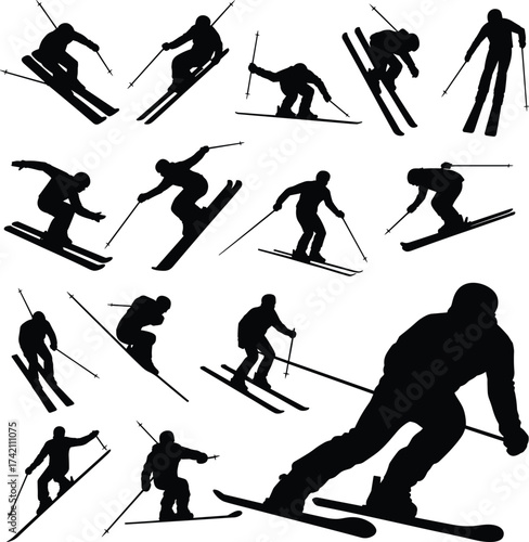 Skiing silhouette vector, winter sports illustration, extreme snow action, downhill skier figure, ski jump silhouettes, sport icon set, snow adventure graphic elements, black vector skiers
