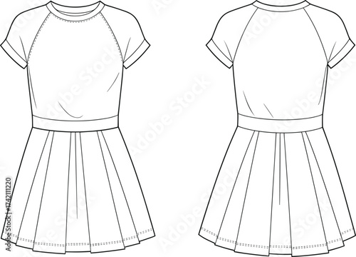 Stylish women’s dress flat sketch, short sleeve design, pleated skirt, front and back view, fashion template, modern apparel outline illustration