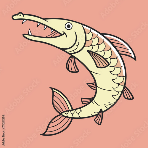 Alligator Gar Fish Cartoon Vector Illustration Isolated on White Background