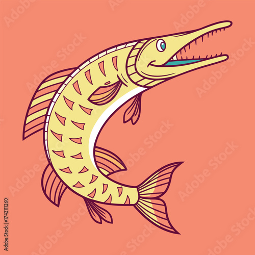 Alligator Gar Fish Cartoon Vector Illustration Isolated on White Background